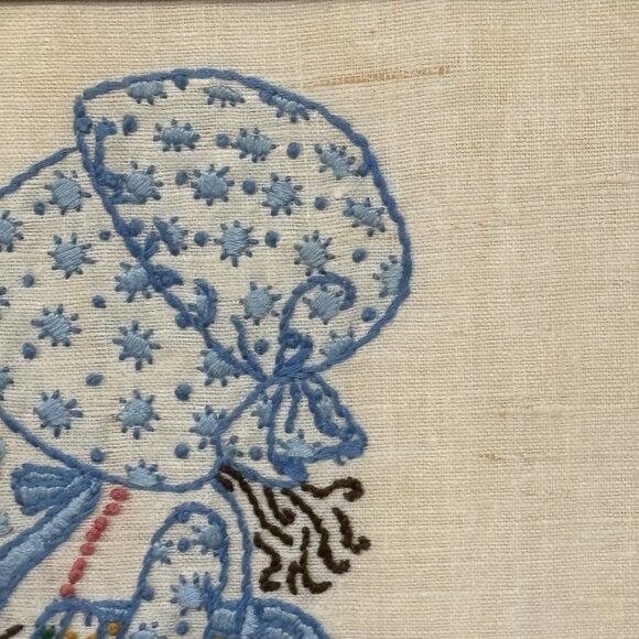 Pair of Vintage Framed Holly Hobbie Needlepoint Handmade Wall Decor Hugging Cat - Picture 5 of 13